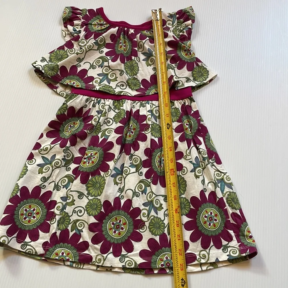 Tea cap sleeve off white with burgundy and green flowered dress, girls size 5